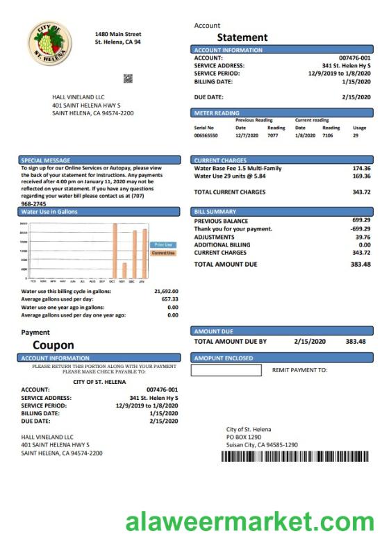 USA California City of St Helena utility bill template in Word and PDF format